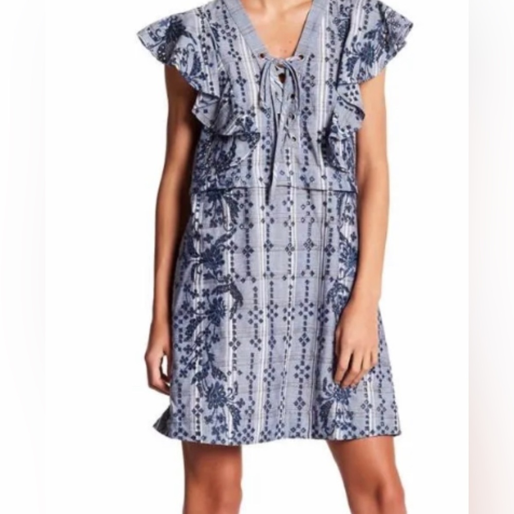 BCBGMAXAZRIA Women’s Size XS Caralyne Lace-Up Eyelet Dress In Chambray Blue $368